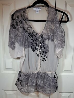 RXB Sheer Cream and Gray Button-Front Blouse With Cami
